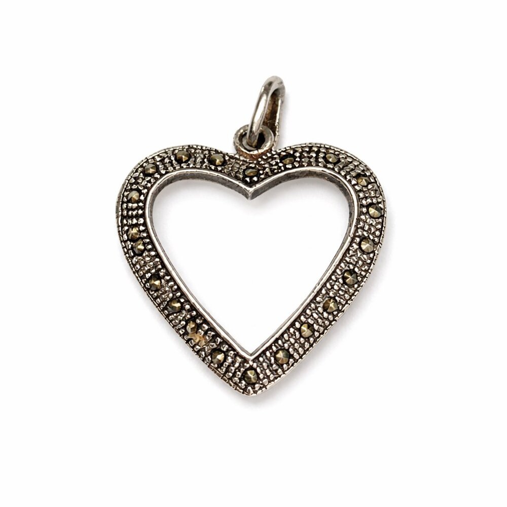 Sterling Silver 925 Marcasite Open Heart Pendant Vintage Style 1” Charm